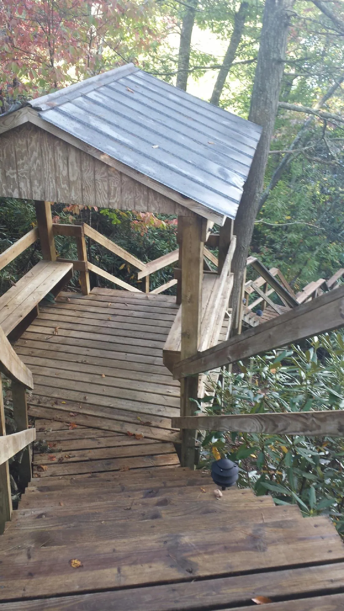 Metal roofed shelter over wooden steps on a wooded walkway — Skylight Repair & Installation work by our crew in Talisheek